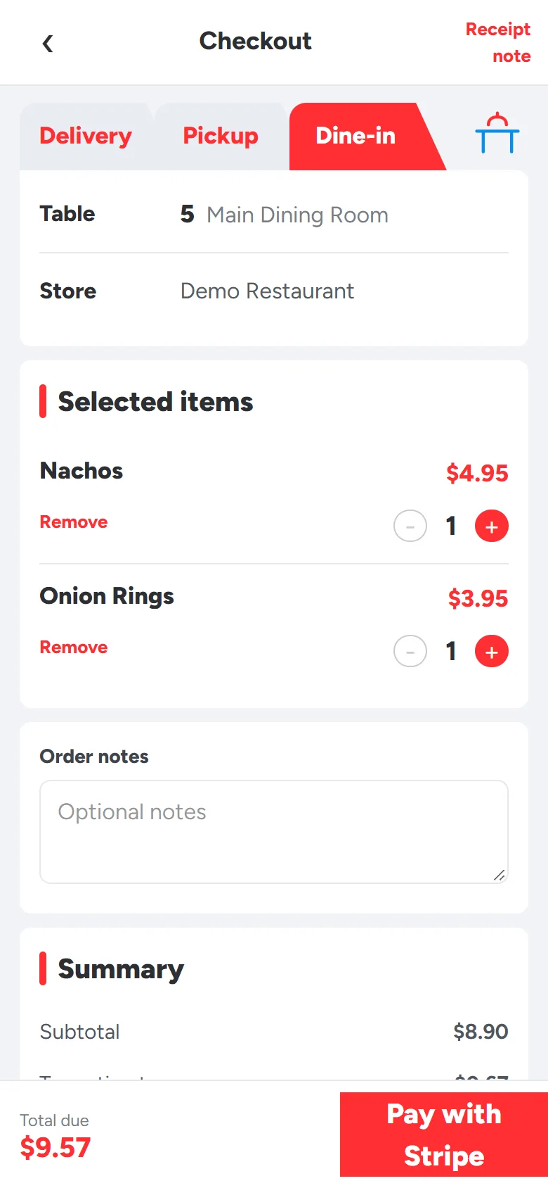 The demo's checkout on a phone: dine-in at table 5, Main Dining Room, with nachos and onion rings, a $9.57 total and a Pay with Stripe button